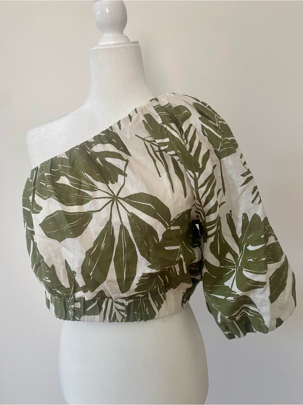 Abercrombie & Fitch Tropical Leaf Print One Shoulder Crop Top Linen Blend Size M